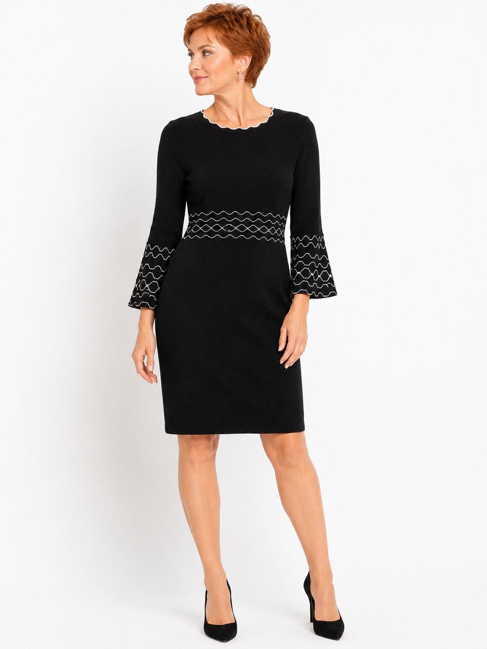 LRR222 Nina Leonard Black Sweater Dress Medium Bell Sleeve Contrast Trim Knit